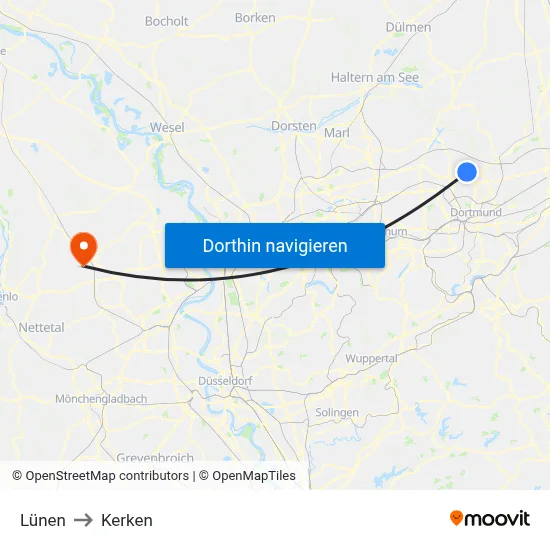 Lünen to Kerken map