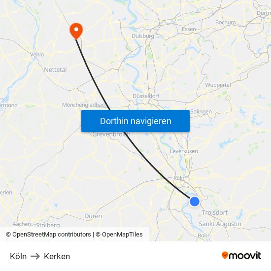 Köln to Kerken map