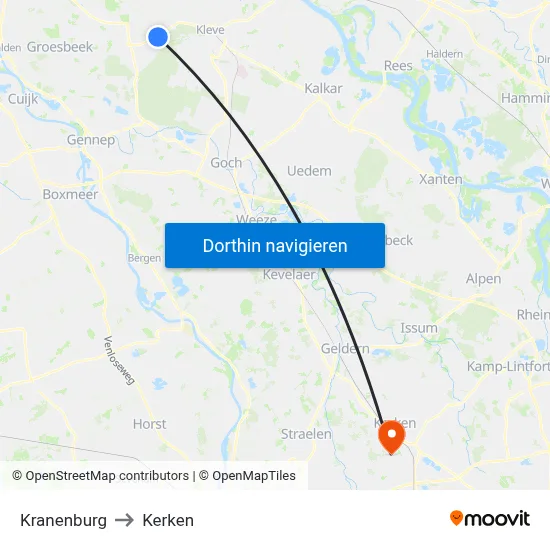 Kranenburg to Kerken map