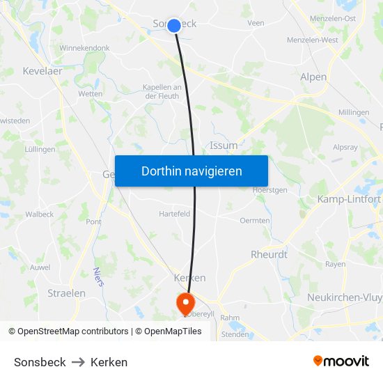 Sonsbeck to Kerken map
