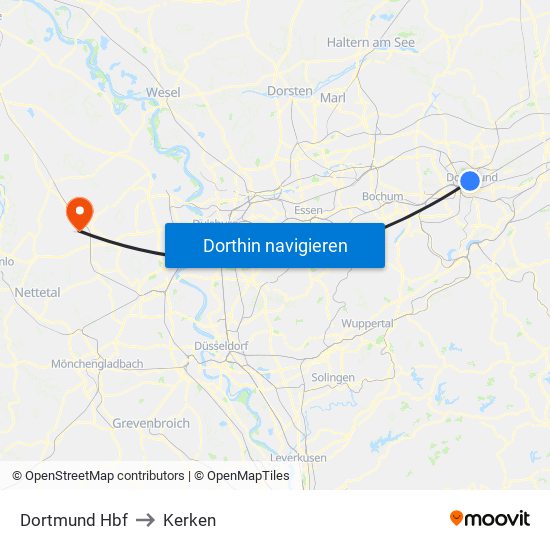 Dortmund Hbf to Kerken map