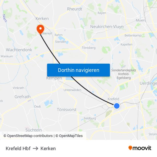 Krefeld Hbf to Kerken map