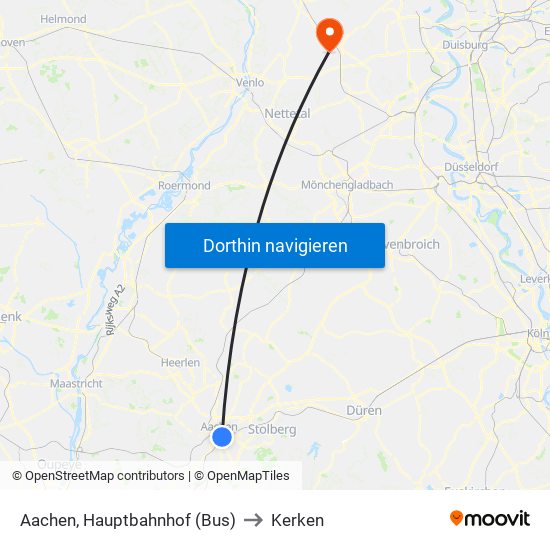 Aachen, Hauptbahnhof (Bus) to Kerken map