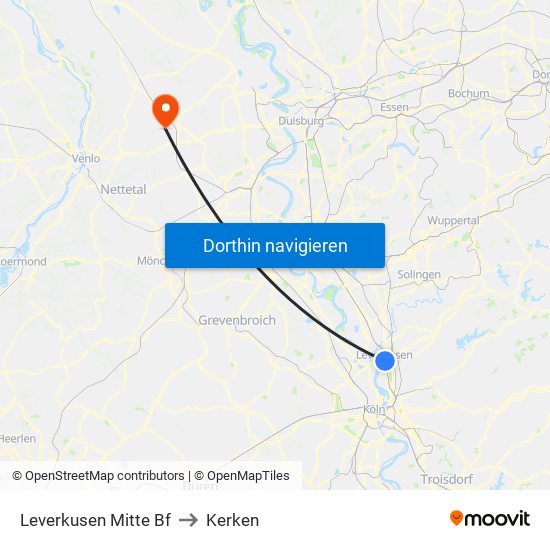 Leverkusen Mitte Bf to Kerken map