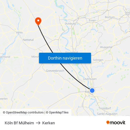 Köln Bf Mülheim to Kerken map