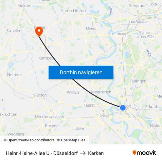 Heinr.-Heine-Allee U - Düsseldorf to Kerken map