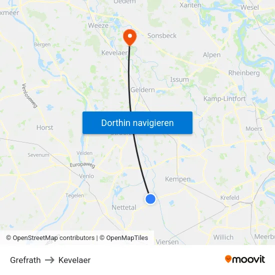 Grefrath to Kevelaer map
