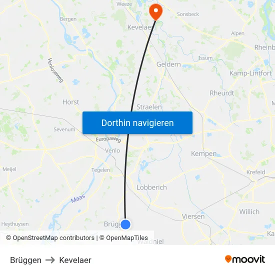 Brüggen to Kevelaer map