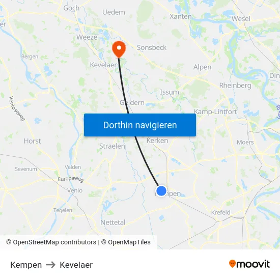 Kempen to Kevelaer map