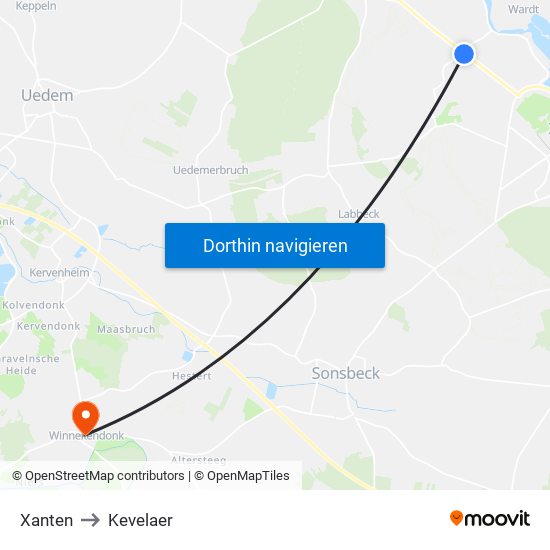 Xanten to Kevelaer map