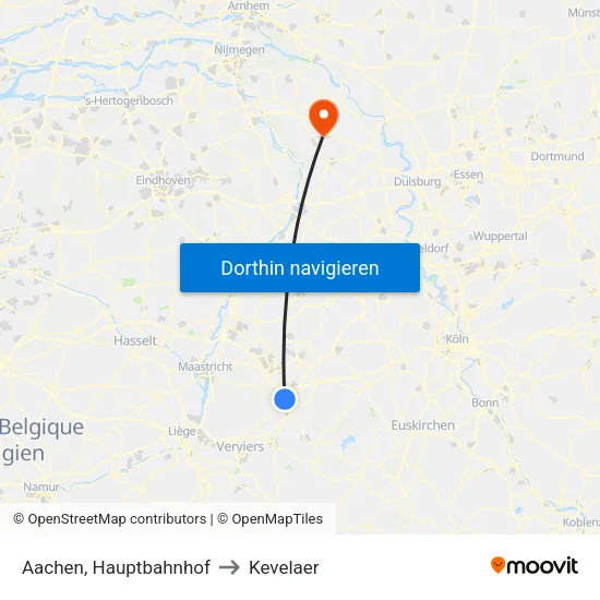 Aachen, Hauptbahnhof to Kevelaer map