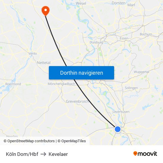 Köln Dom/Hbf to Kevelaer map