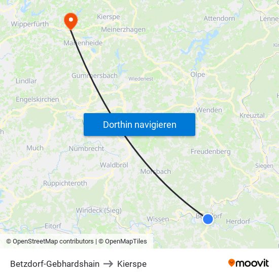 Betzdorf-Gebhardshain to Kierspe map