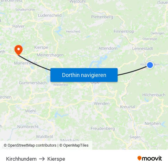 Kirchhundem to Kierspe map
