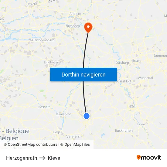 Herzogenrath to Kleve map