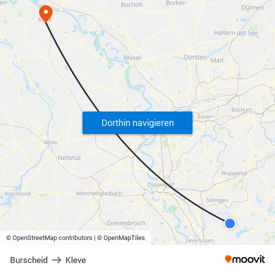 Burscheid to Kleve map