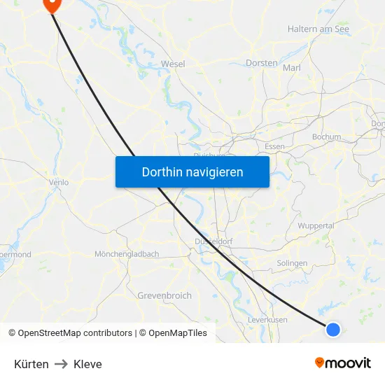 Kürten to Kleve map