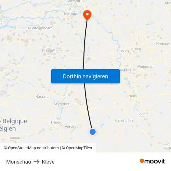 Monschau to Kleve map