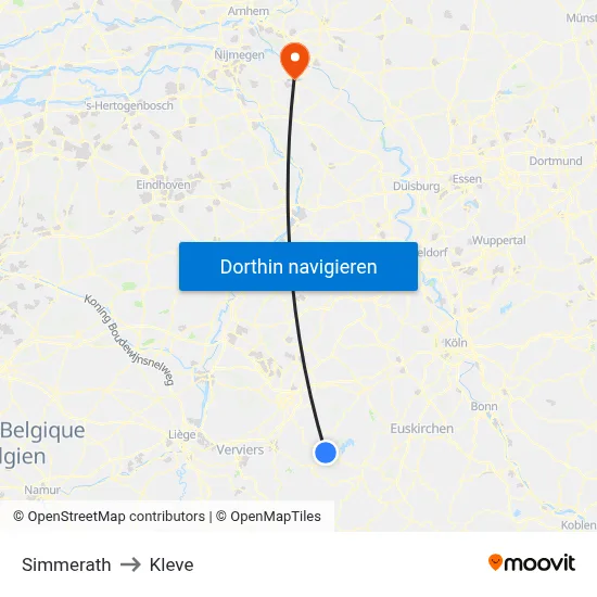 Simmerath to Kleve map