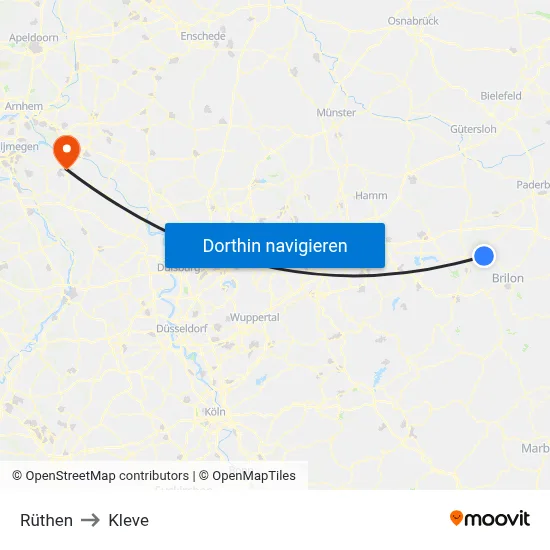 Rüthen to Kleve map