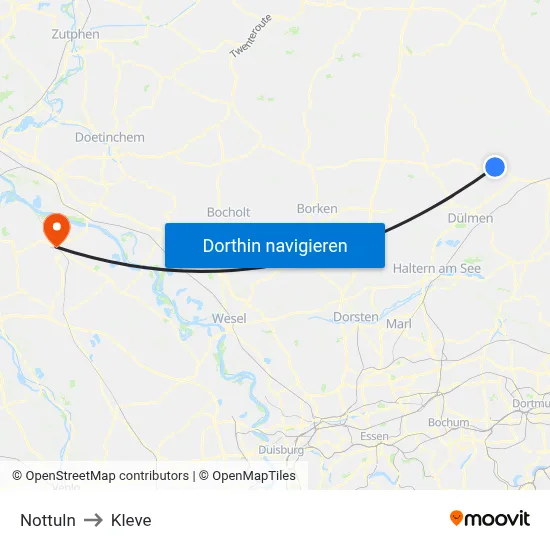 Nottuln to Kleve map