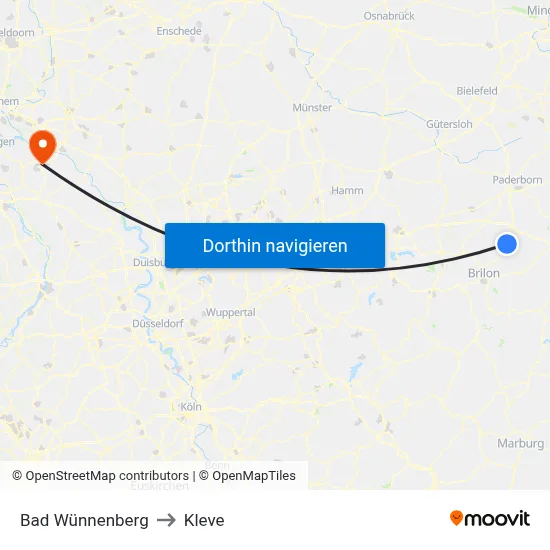 Bad Wünnenberg to Kleve map