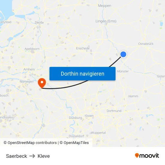 Saerbeck to Kleve map