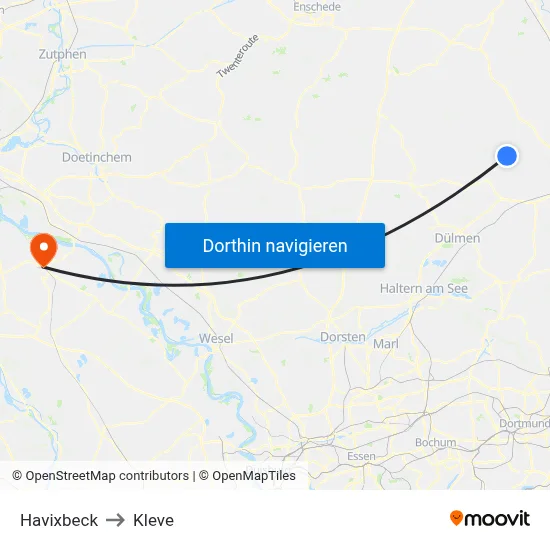 Havixbeck to Kleve map