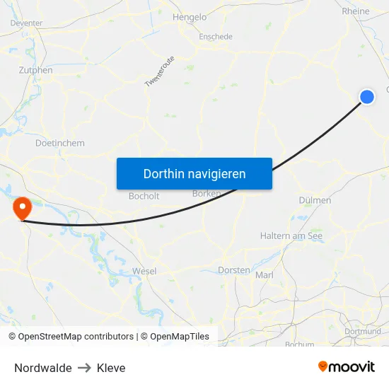 Nordwalde to Kleve map