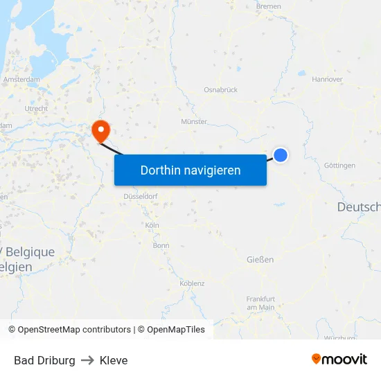 Bad Driburg to Kleve map