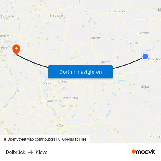 Delbrück to Kleve map