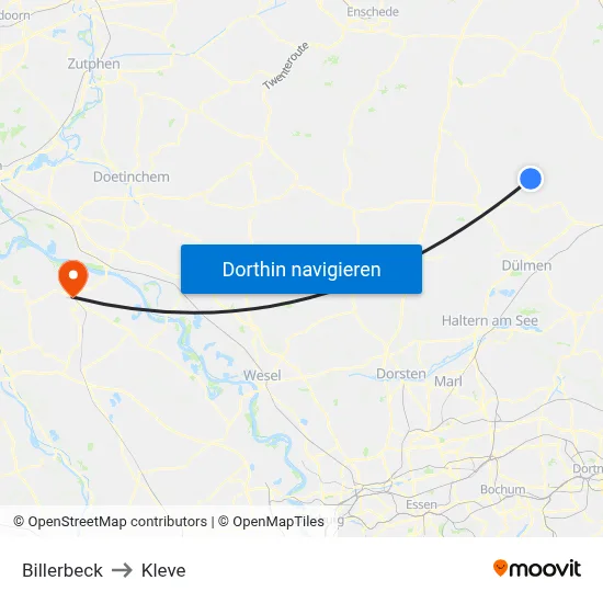 Billerbeck to Kleve map