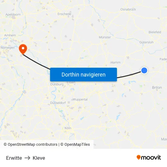 Erwitte to Kleve map