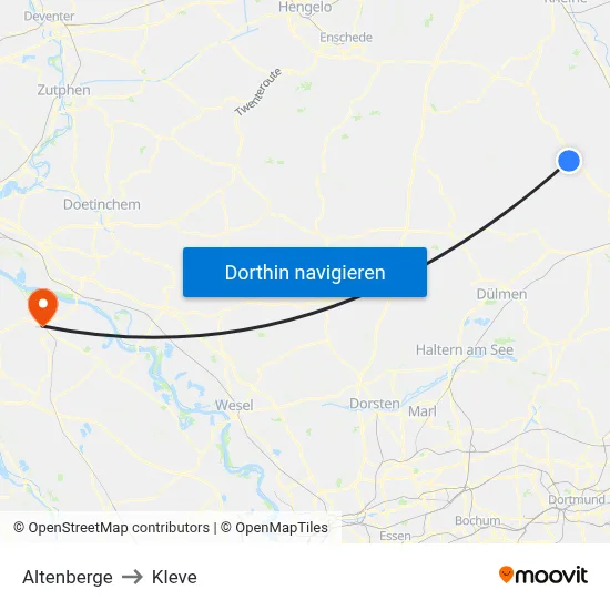 Altenberge to Kleve map