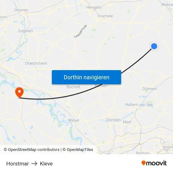 Horstmar to Kleve map