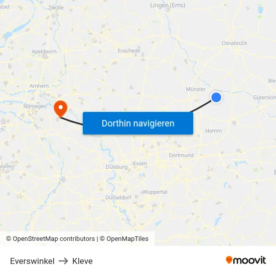 Everswinkel to Kleve map