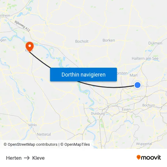 Herten to Kleve map