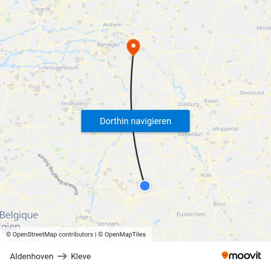 Aldenhoven to Kleve map