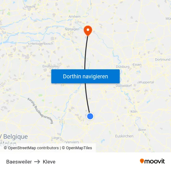 Baesweiler to Kleve map