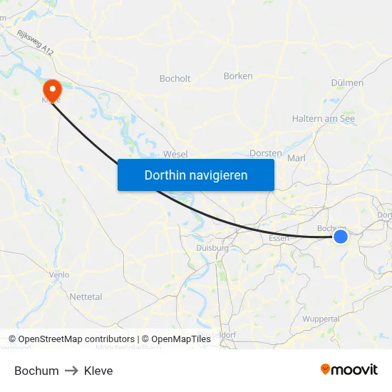 Bochum to Kleve map