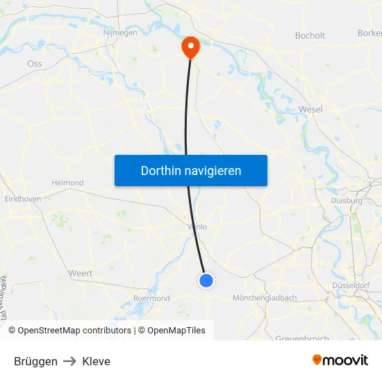 Brüggen to Kleve map