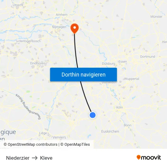 Niederzier to Kleve map