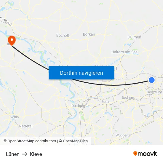 Lünen to Kleve map
