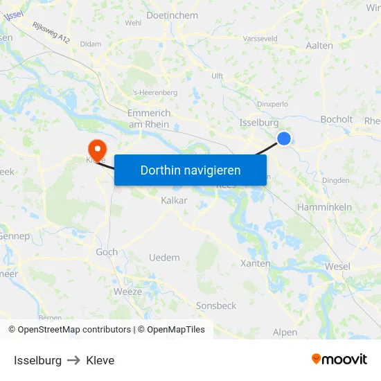 Isselburg to Kleve map