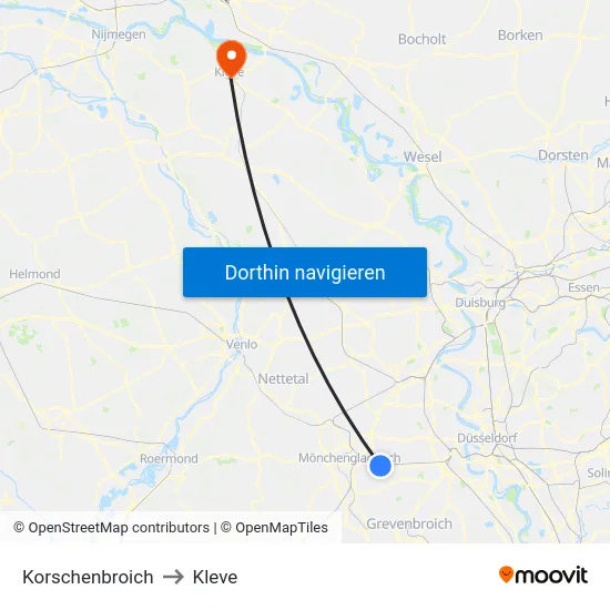 Korschenbroich to Kleve map