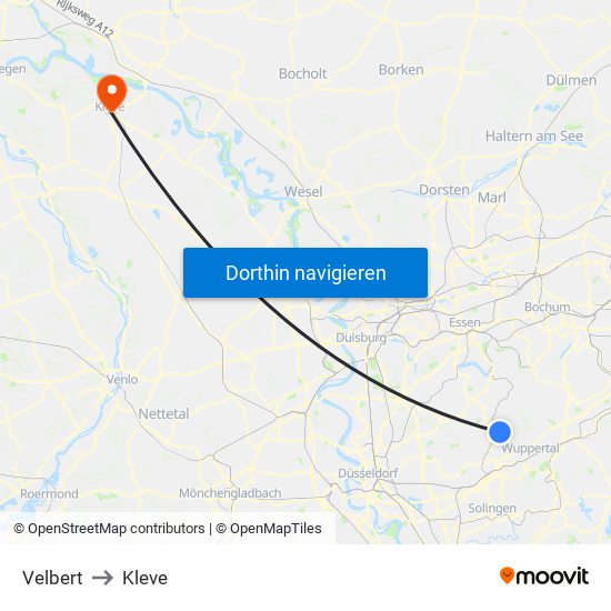 Velbert to Kleve map