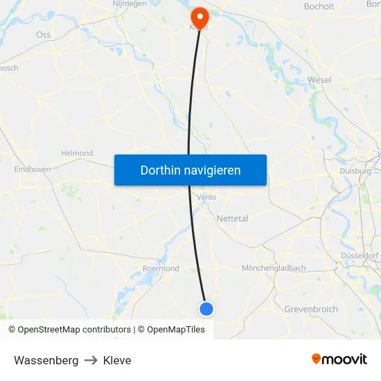 Wassenberg to Kleve map