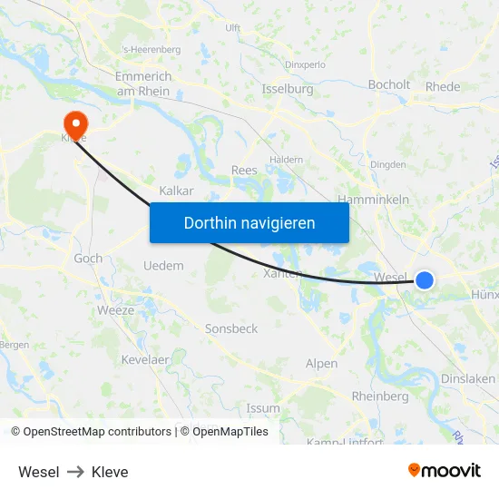 Wesel to Kleve map