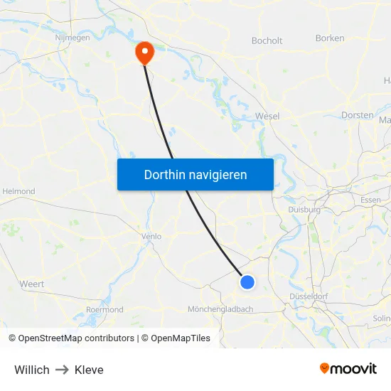 Willich to Kleve map