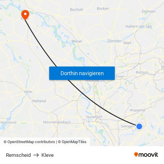 Remscheid to Kleve map